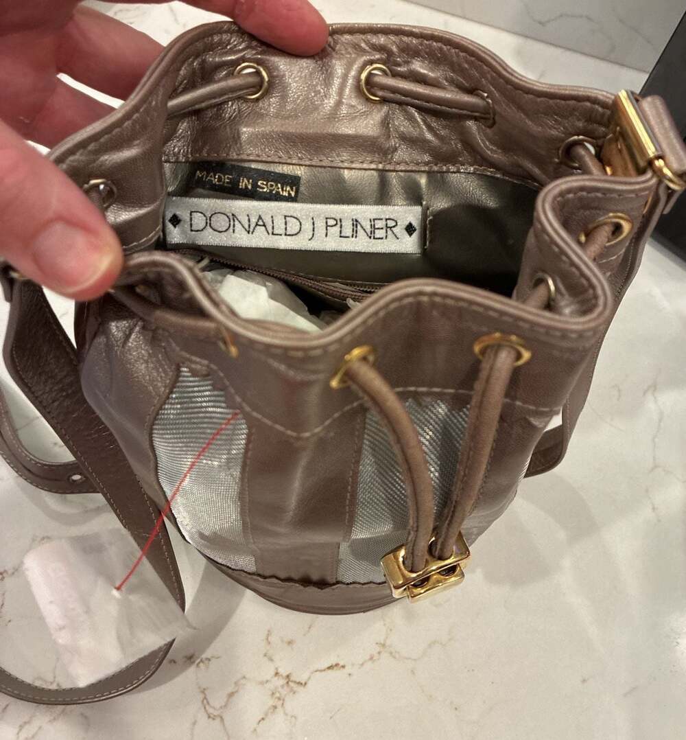 Donald J Pliner Metallic Leather and Mesh Drawstring Bucket Bag Made in Spain - Picture 2 of 6